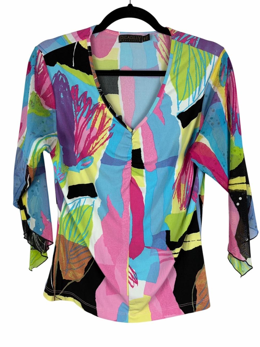 Picadilly Fashions Abstract Floral Mesh Sleeve Top Made in Canada Medium
